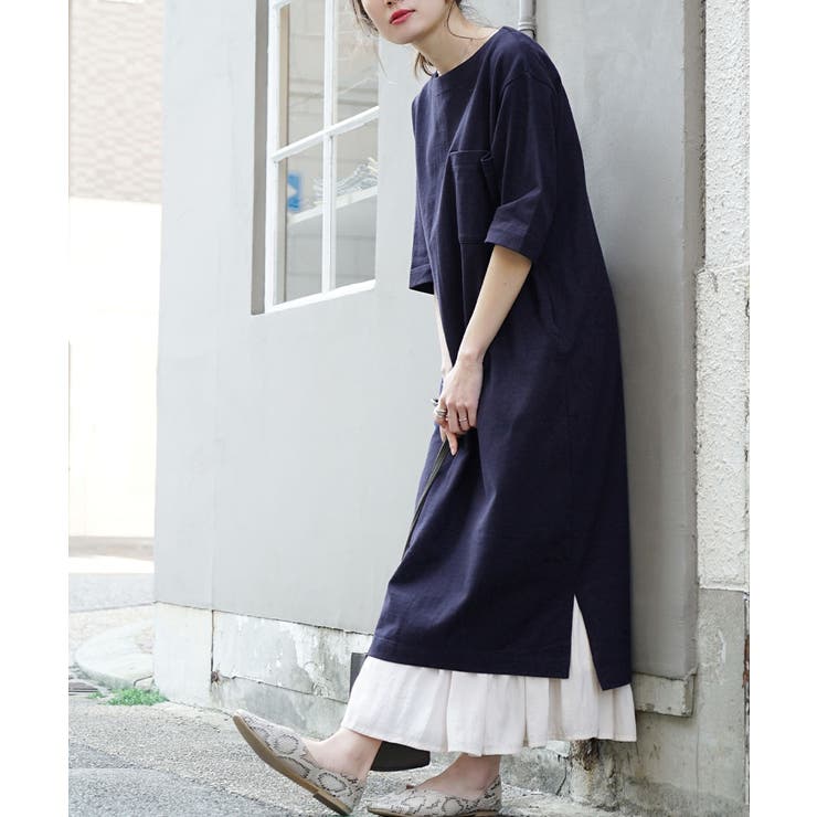 ネイビー | zootie（ズーティー）：シミヘン加工 フレンチバスク ロングワンピース | e-zakkamania stores