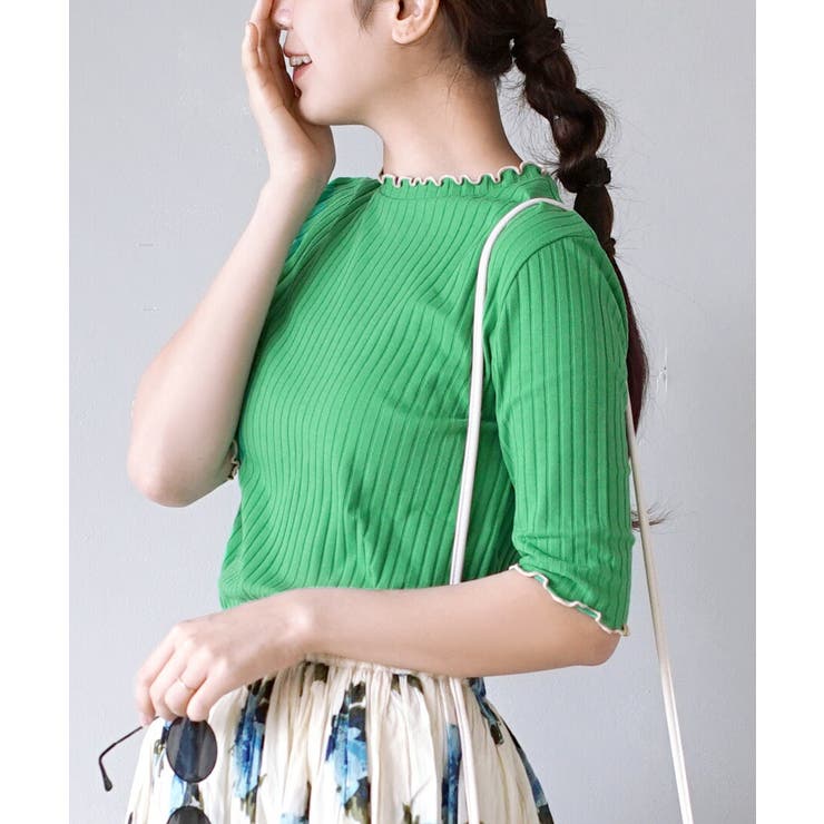 309.グリーン×ライトベージュ | zootie（ズーティー）：ハーフスリーブ リブカットソー | e-zakkamania stores