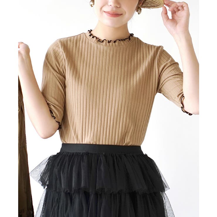 812.ベージュ×ブラック | zootie（ズーティー）：ハーフスリーブ リブカットソー | e-zakkamania stores