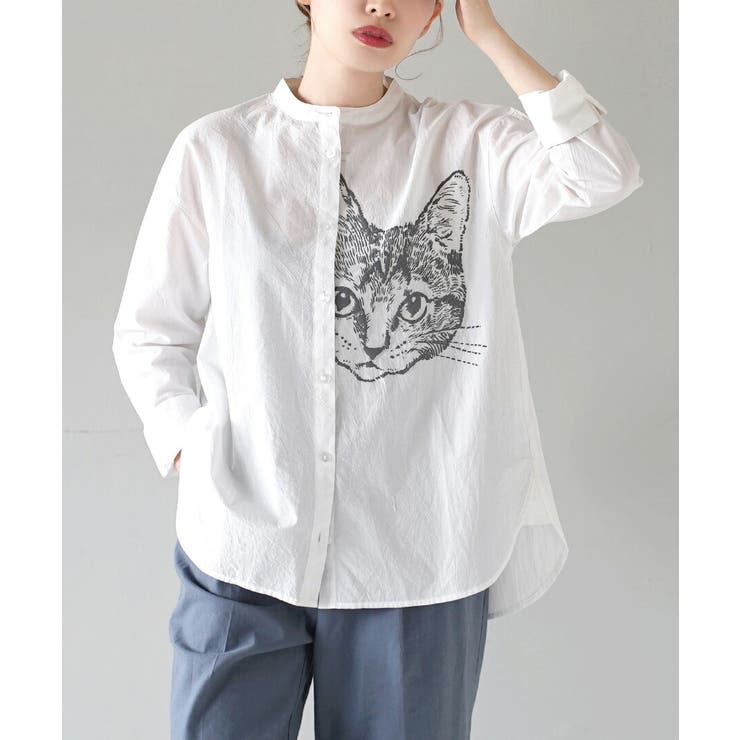 オフホワイト | zootie（ズーティー）：キャットフェイス 刺繍風プリントシャツ | e-zakkamania stores