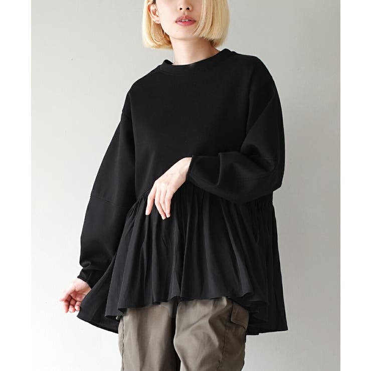 ブラック | ギャザー切替 バルーンスリーブ ポンチプルオーバー | e-zakkamania stores