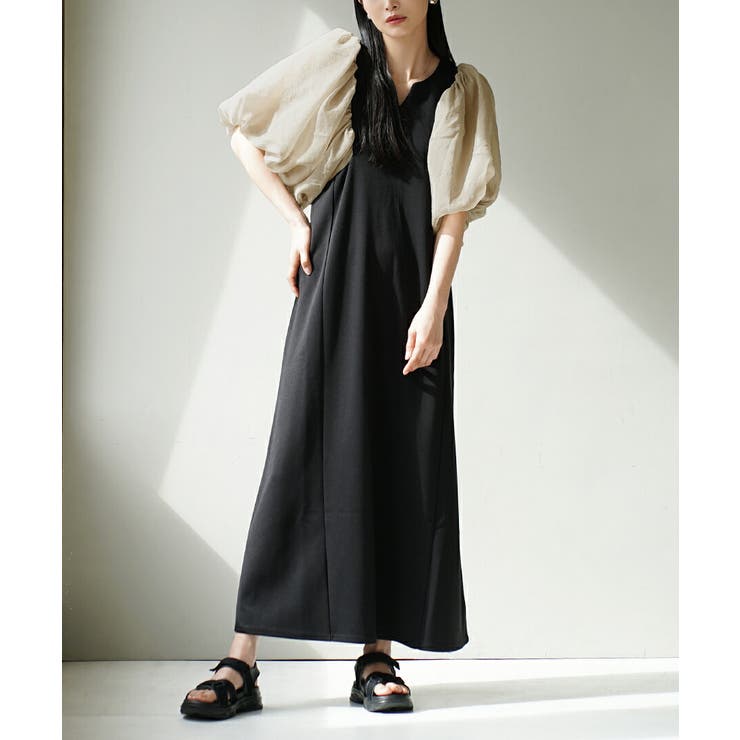 ブラック | バルーンスリーブ切替 ポンチワンピース | e-zakkamania stores