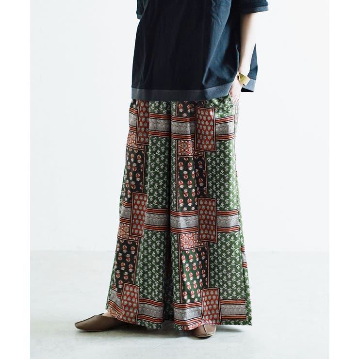 グリーン | zootie（ズーティー）：パッチワークスカーフ柄プリント リラックスパンツ | e-zakkamania stores
