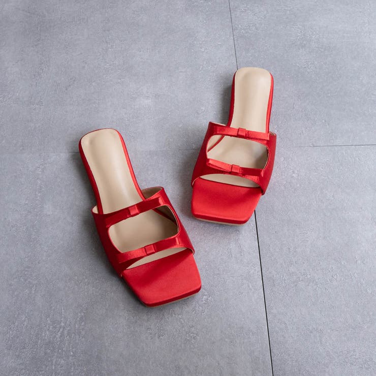 レッド | Wリボンスクエアフラットサンダル | FABBY FABBY.