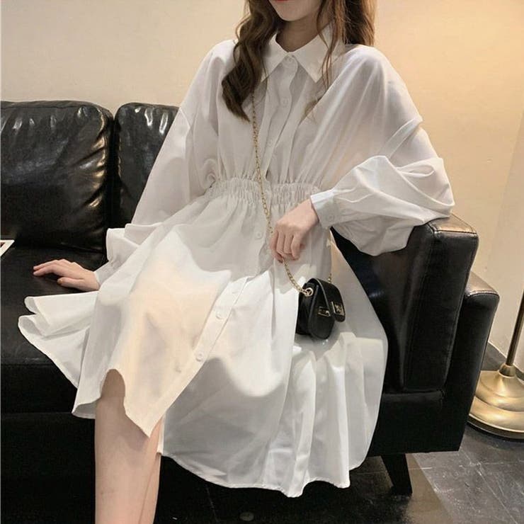 カナダ購入 ウエスト美形シャーリング伸縮たっぷりフレアシャツワンピース ウエストシャーリングシャツワンピース[品番：FNBW0000844