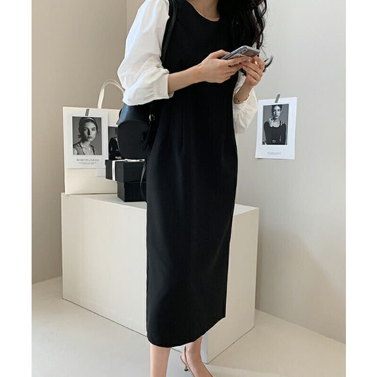 配色 パフスリーブ ロングワンピース 袖切り替え[品番：FNBW0000850 