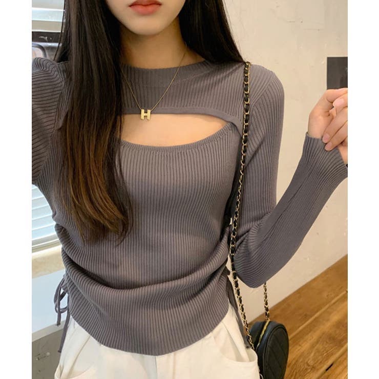 ニットトップス 胸開き ニットウエア 韓国ファッション[品番