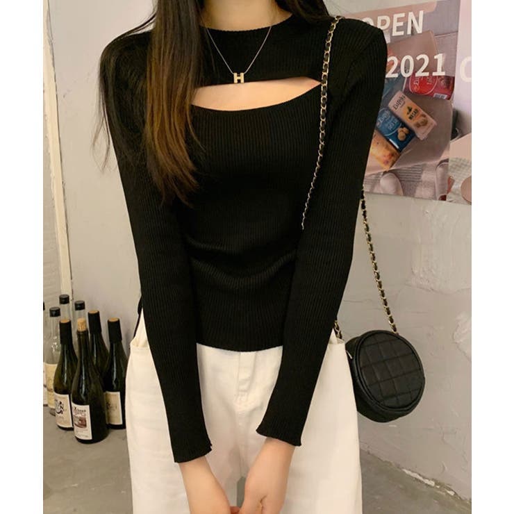 ニットトップス 胸開き ニットウエア 韓国ファッション[品番