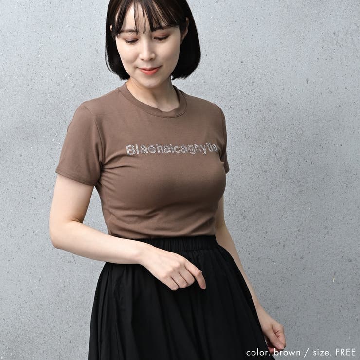 ラインストーン ロゴ ショート丈 ミニ Tシャツ レディース 半袖
