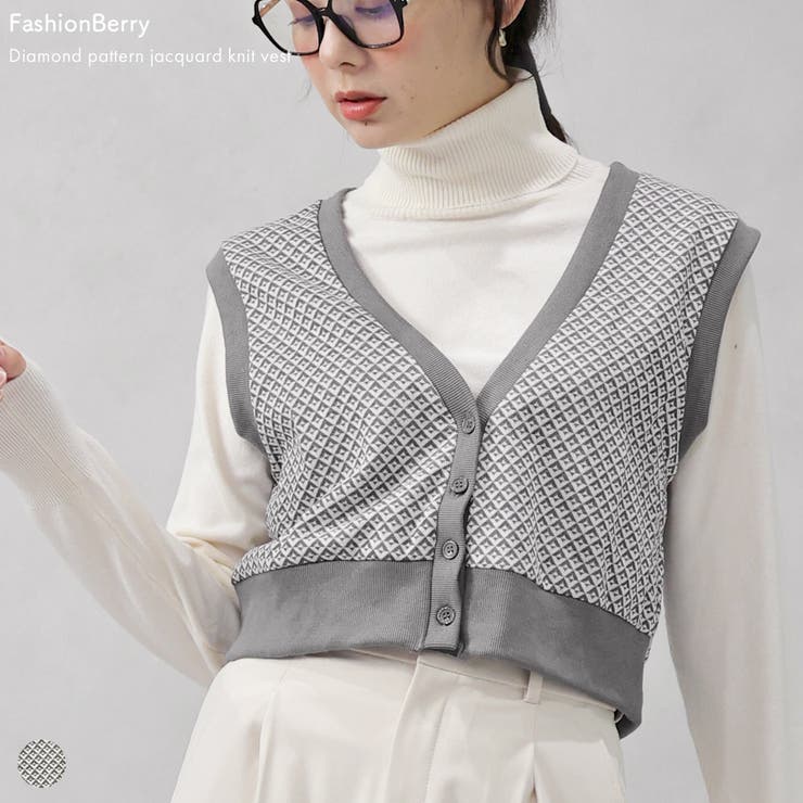 ダイヤ柄ジャガードニットベスト | FashionBerry | 詳細画像1 