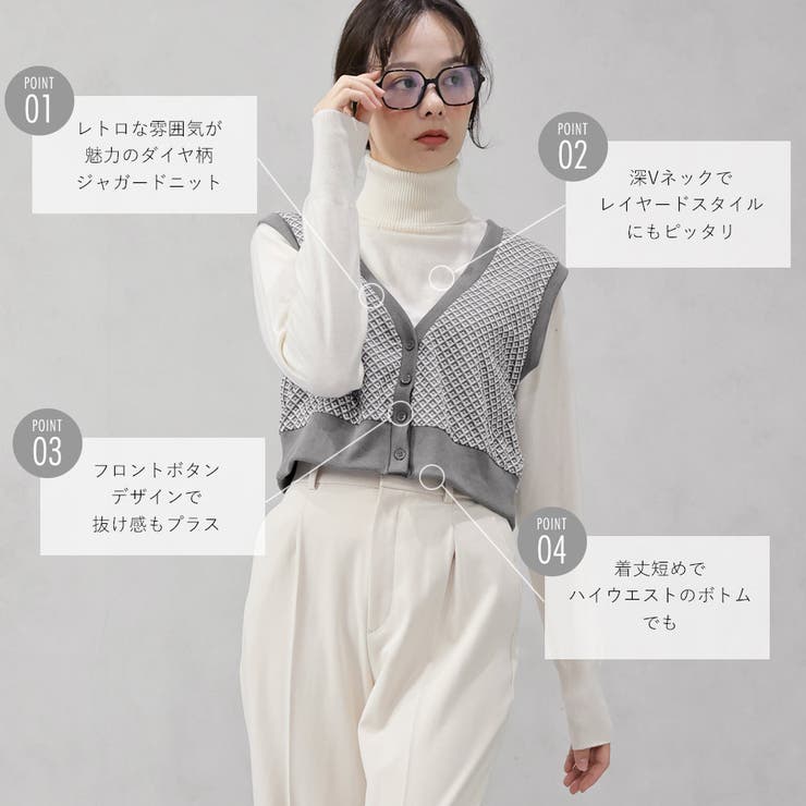 ダイヤ柄ジャガードニットベスト | FashionBerry | 詳細画像3 