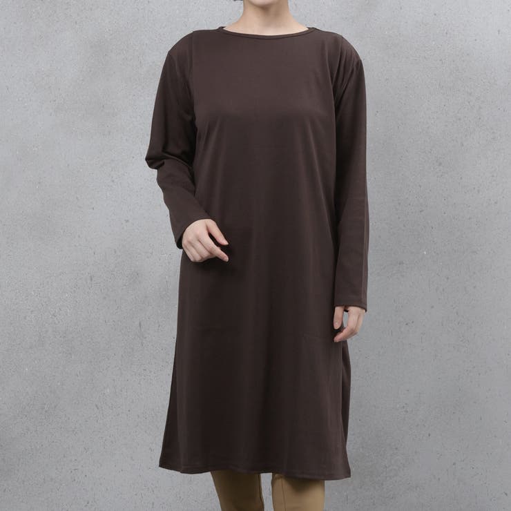 ブラウン | ヘビーウェイトロングスリーブタック使いワンピース | FashionBerry