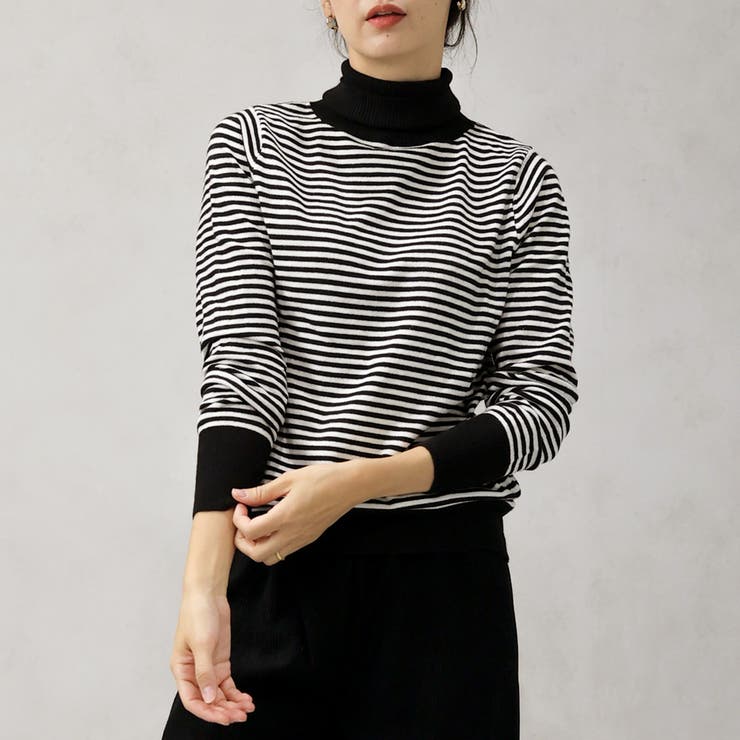 クロ×キナリ | 【洗えるニットシリーズ】もちもちニット ボーダータートルネックニット | FashionBerry
