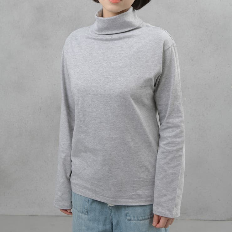 グレー | コットン100％フライス素材無地タートルネック長袖Tシャツ | FashionBerry