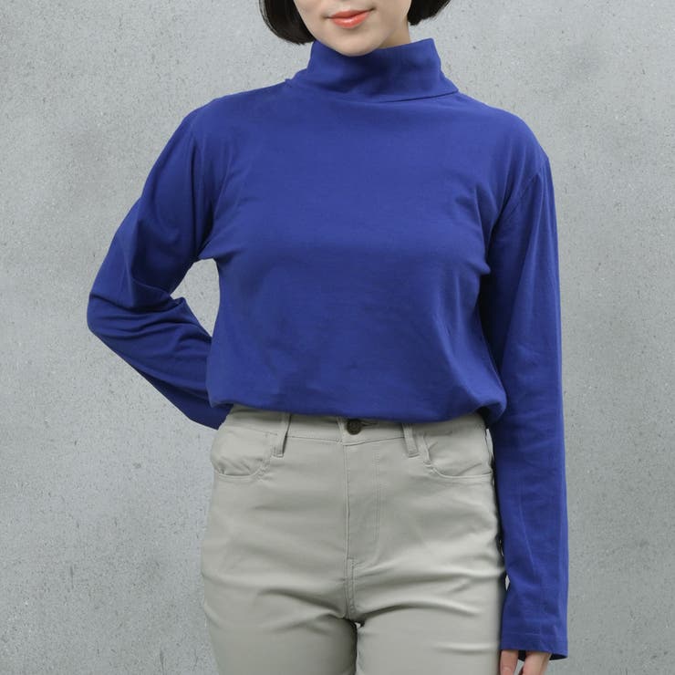 ロイヤルブルー | コットン100％フライス素材無地タートルネック長袖Tシャツ | FashionBerry