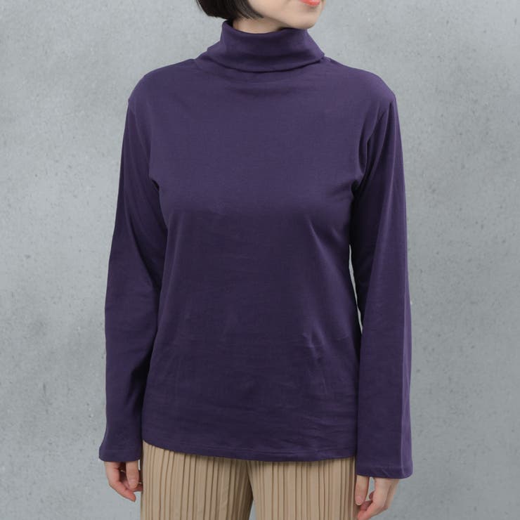 パープル | コットン100％フライス素材無地タートルネック長袖Tシャツ | FashionBerry