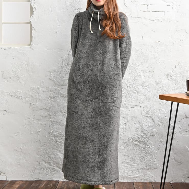 チャコール | あったかルームウェア 裏起毛 ハイネック ボアワンピース ロング | FashionBerry