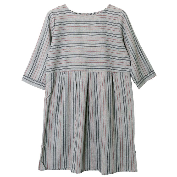 グレー | ストライプ柄切り替えタックフレアAラインワンピース | FashionBerry