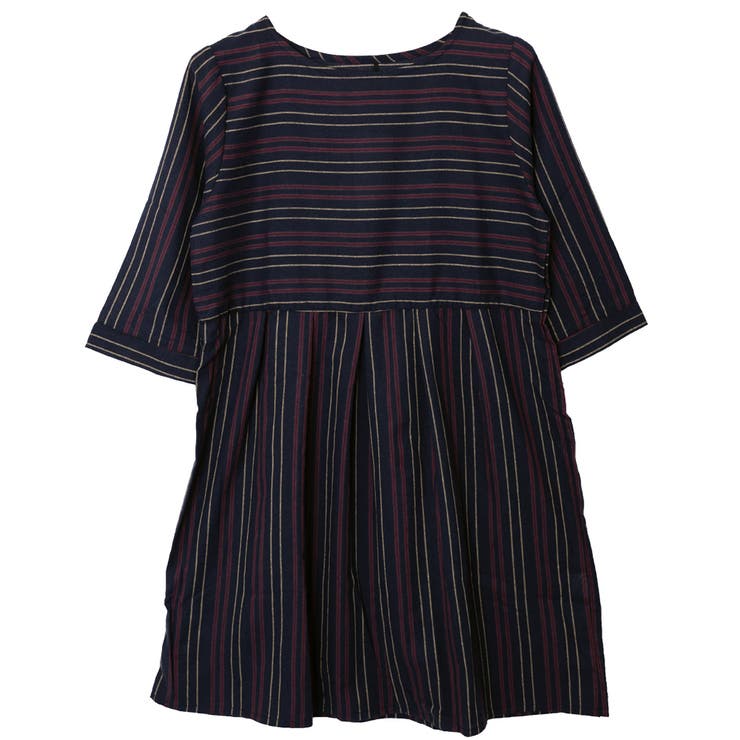 ネイビー | ストライプ柄切り替えタックフレアAラインワンピース | FashionBerry