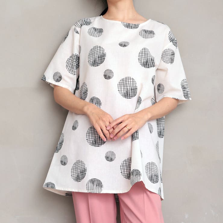 かすれドット柄 Aラインチュニックワンピース[品番：FNBW0000395