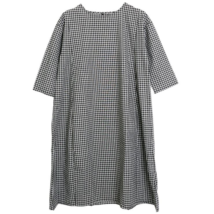 ブラック | ギンガムチェック切替コクーンデザインワンピース | FashionBerry