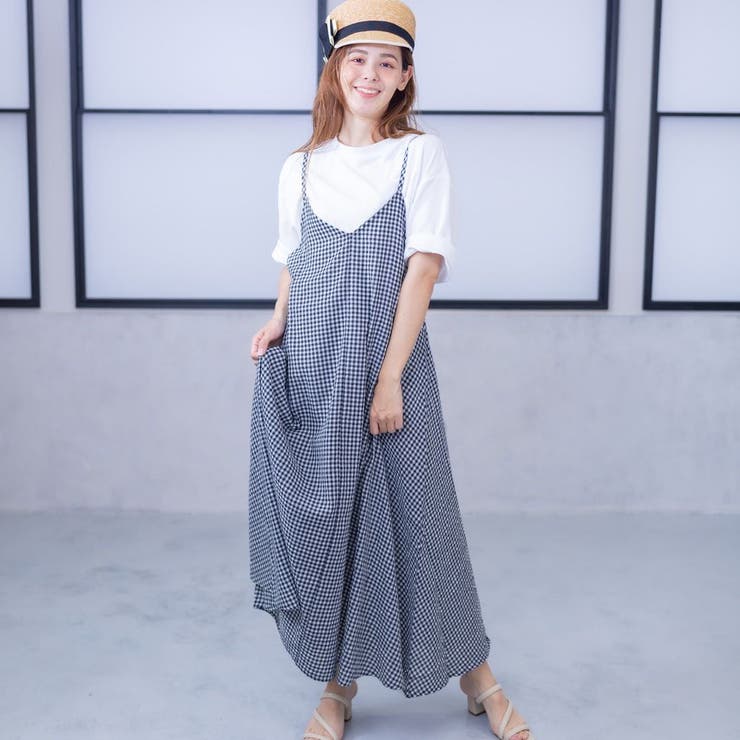 hinari チェックキャミワンピース　Sサイズ バックリボン ギンガムチェックキャミワンピース 大きいサイズ