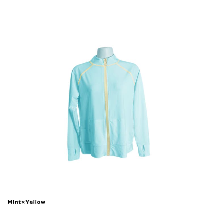 ミント×イエロー  | スタンドカラー ラッシュガード レディース UVカット | FashionBerry