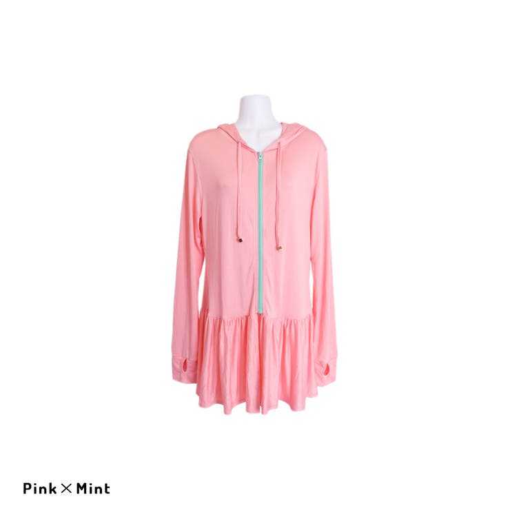 ピンク×ミント  | レディース ラフラッシュガードフリルパーカー UVカット | FashionBerry