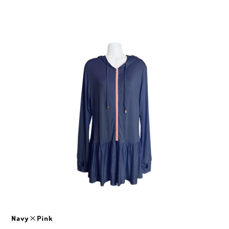 ネイビー×ピンク  | レディース ラフラッシュガードフリルパーカー UVカット | FashionBerry
