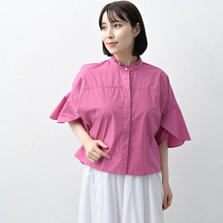 フレアスリーブ クロップド シャツ レディース[品番