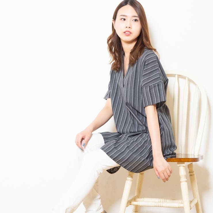 スキッパーデザインストライプ柄フレアチュニックワンピース | FashionBerry | 詳細画像4 