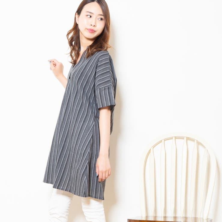 スキッパーデザインストライプ柄フレアチュニックワンピース | FashionBerry | 詳細画像5 