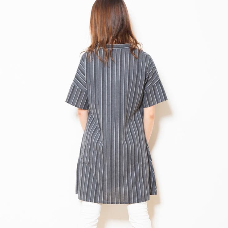 スキッパーデザインストライプ柄フレアチュニックワンピース | FashionBerry | 詳細画像6 