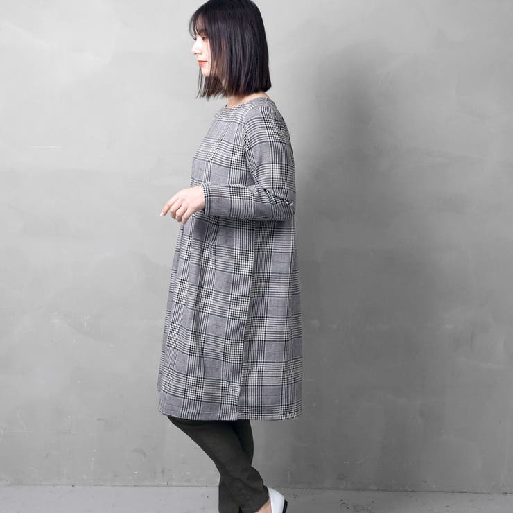 ◆グレンチェック柄フレア ワンピース 胸元 切り替え ◇グレンチェック柄フレア ワンピース 胸元 切り替え