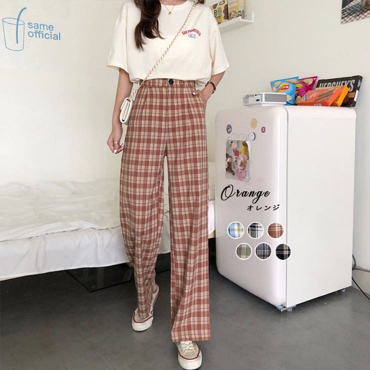 オレンジ | チェック ワイドパンツ 2023 | fashion box 