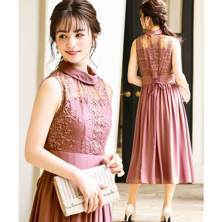 niana バックダブルリボン レイヤードドレス レース ピンクベージュ M