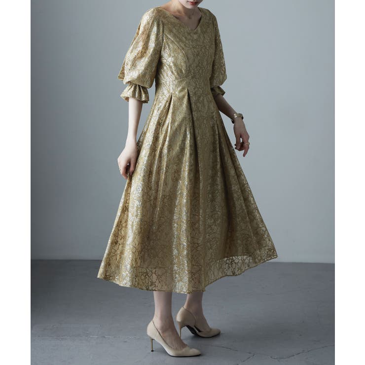 etoll エトル ヴィンテージレースボリューム袖フレアドレス[品番