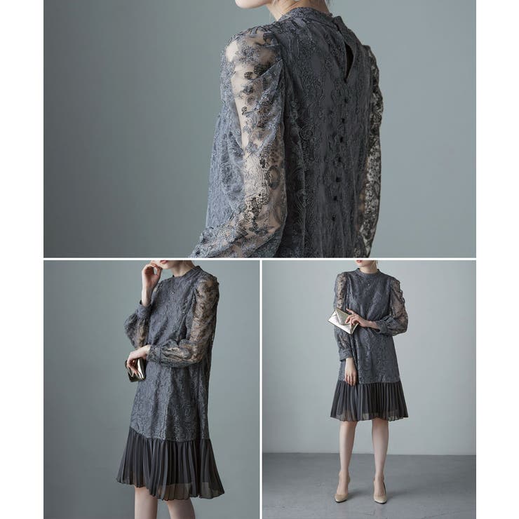 etollドレス etoll. エトル ドットチュールレイヤードドレス グレーカーキ/M