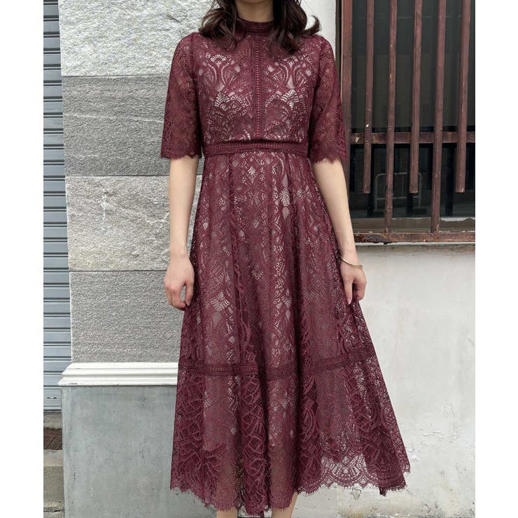 ボルドー | aity アイティ 配色ハシゴレース切替ドレス | Fashion Letter