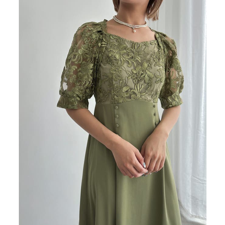 マスカットグリーン | aity アイティ 刺繍レース切り替えフレアドレス | Fashion Letter