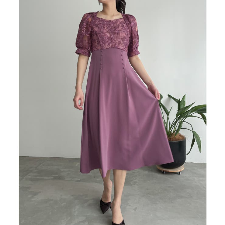 スモークパープル | aity アイティ 刺繍レース切り替えフレアドレス | Fashion Letter