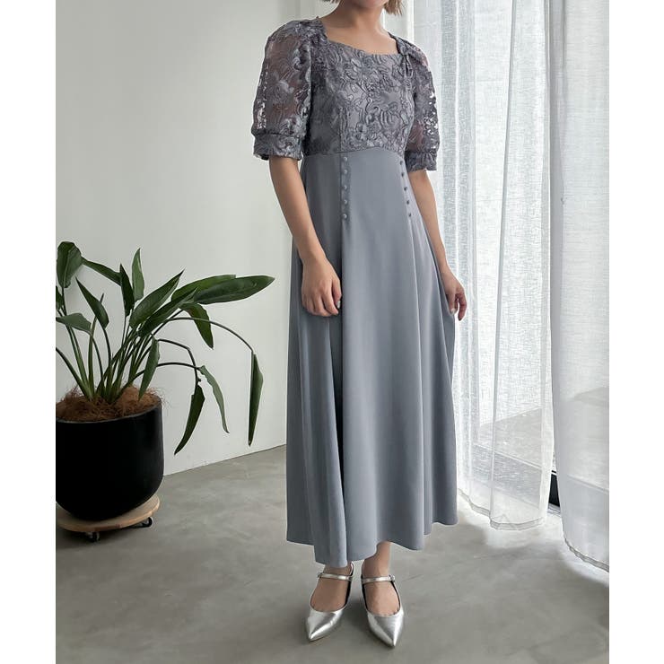 グレイッシュブルー | aity アイティ 刺繍レース切り替えフレアドレス | Fashion Letter