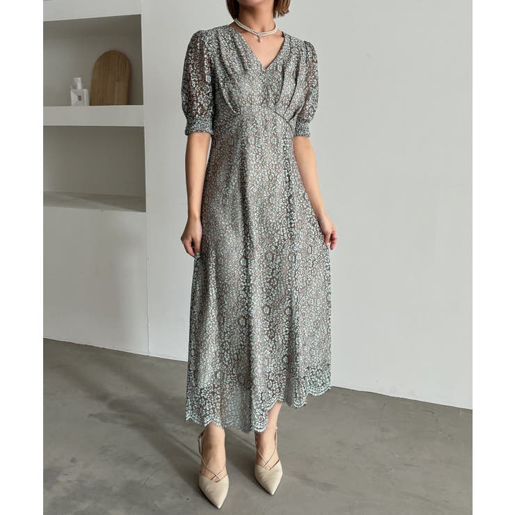 ブルーグレー | aity アイティ ヴィンテージフラワーレースVネックドレス | Fashion Letter