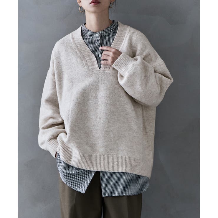 オートミール | etoll エトル ラウンドVネックプルオーバーニット | Fashion Letter