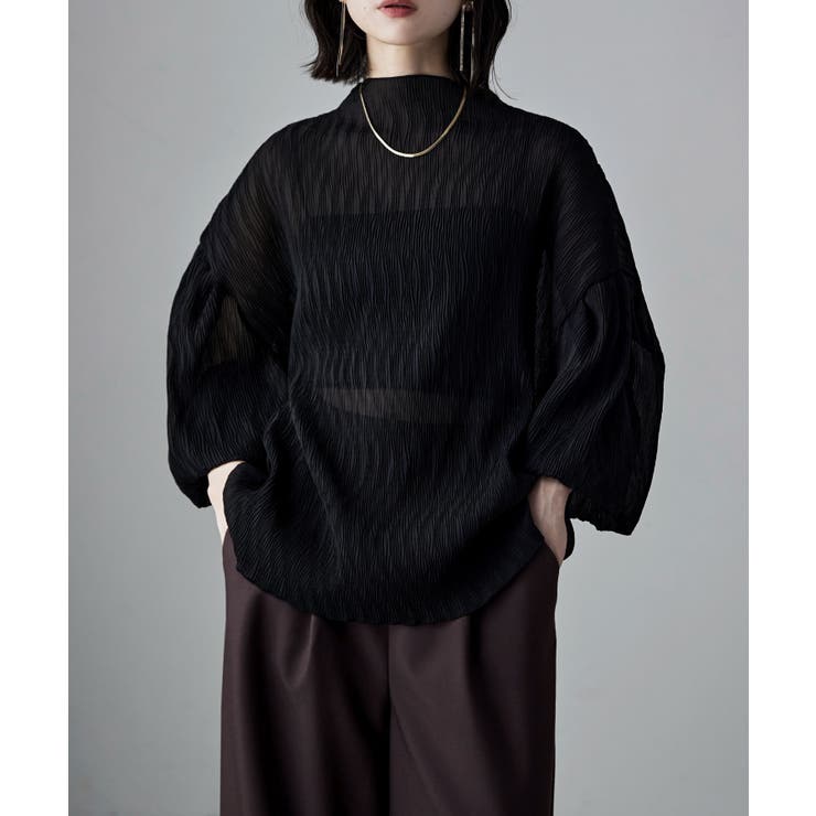 ブラック | etoll エトル プリーツボトルネックブラウス | Fashion Letter