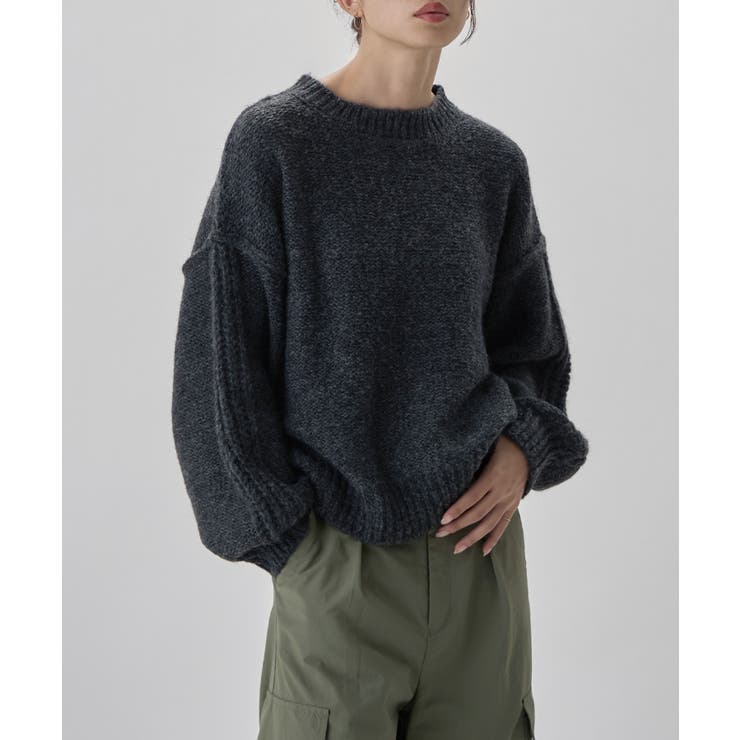 ブラック | etoll エトル サイドラインスリーブミックスニットPO | Fashion Letter