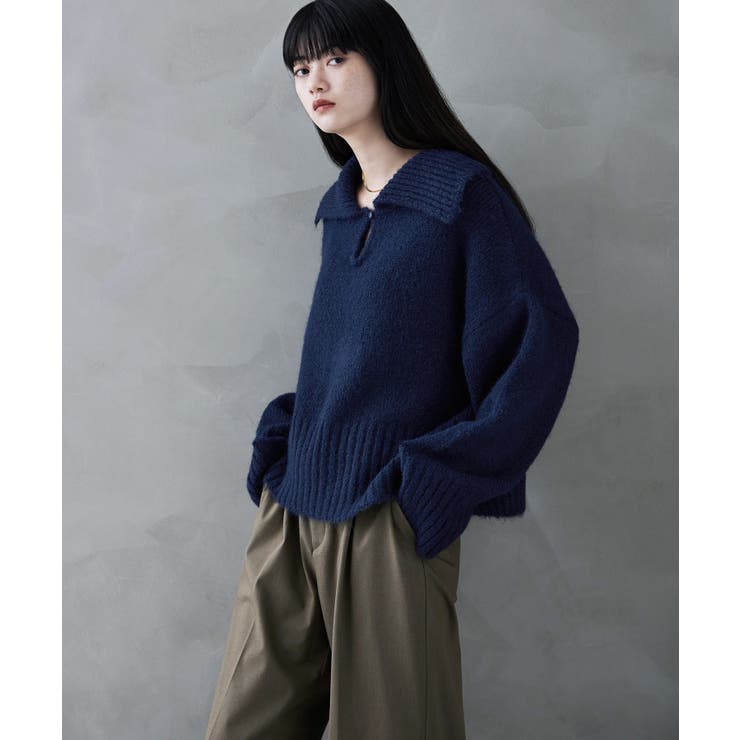 ネイビー | etoll エトル アルパカタッチビッグカラーニット | Fashion Letter