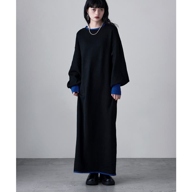 ブラック | etoll エトル バイカラーロングニットワンピース | Fashion Letter