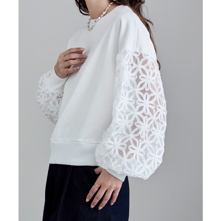 オフホワイト | etoll エトル フラワーチュール袖ドッキングPO | Fashion Letter