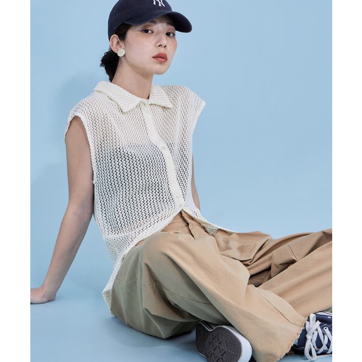 アイボリー | etoll エトル フレンチスリーブポロ襟メッシュニット | Fashion Letter